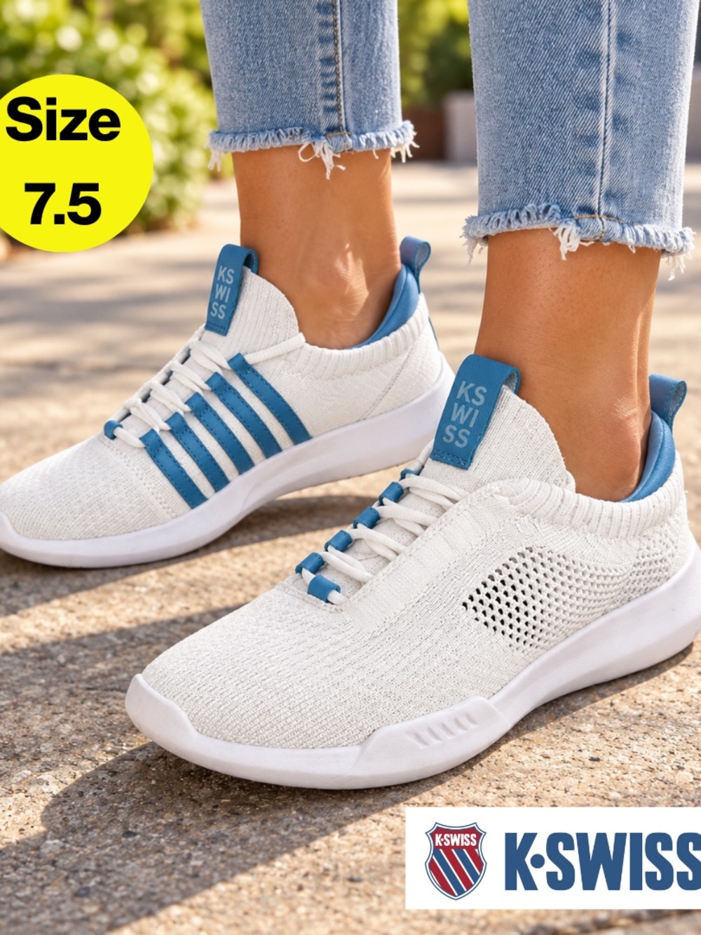 K-SWISS 💙 Women's White & Blue Knit Sneakers (Size 7.5)